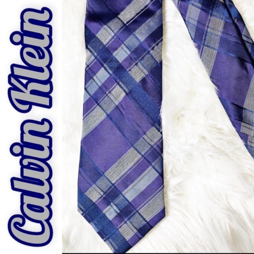 CALVIN KLEIN Silk Neck Tie in Purple Plaid Print
